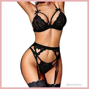 Lace Teddy Bodysuit 3-Piece Set with Garter Belt, Recycled Material